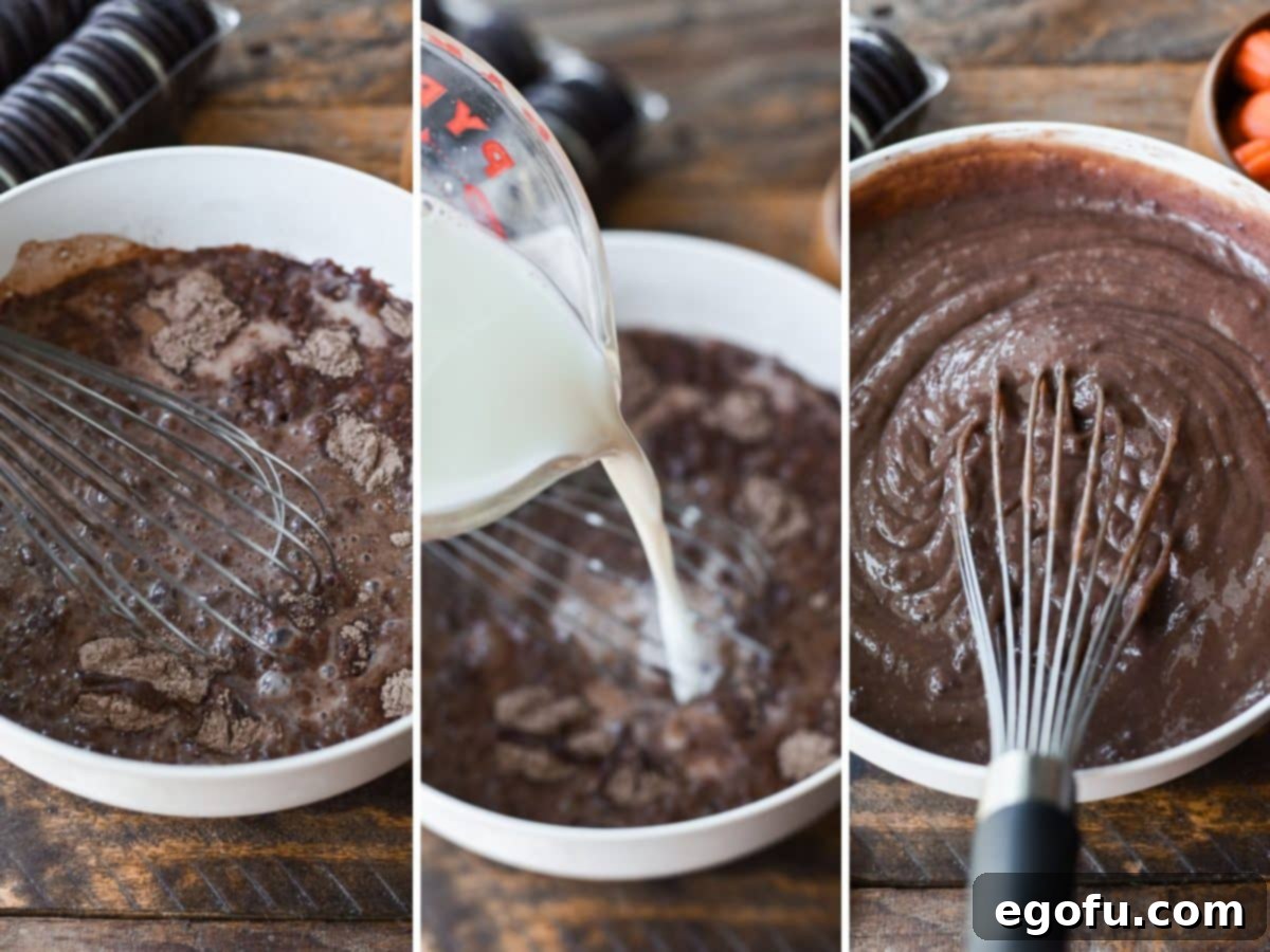 Pudding mix and milk being whisked together in a bowl.