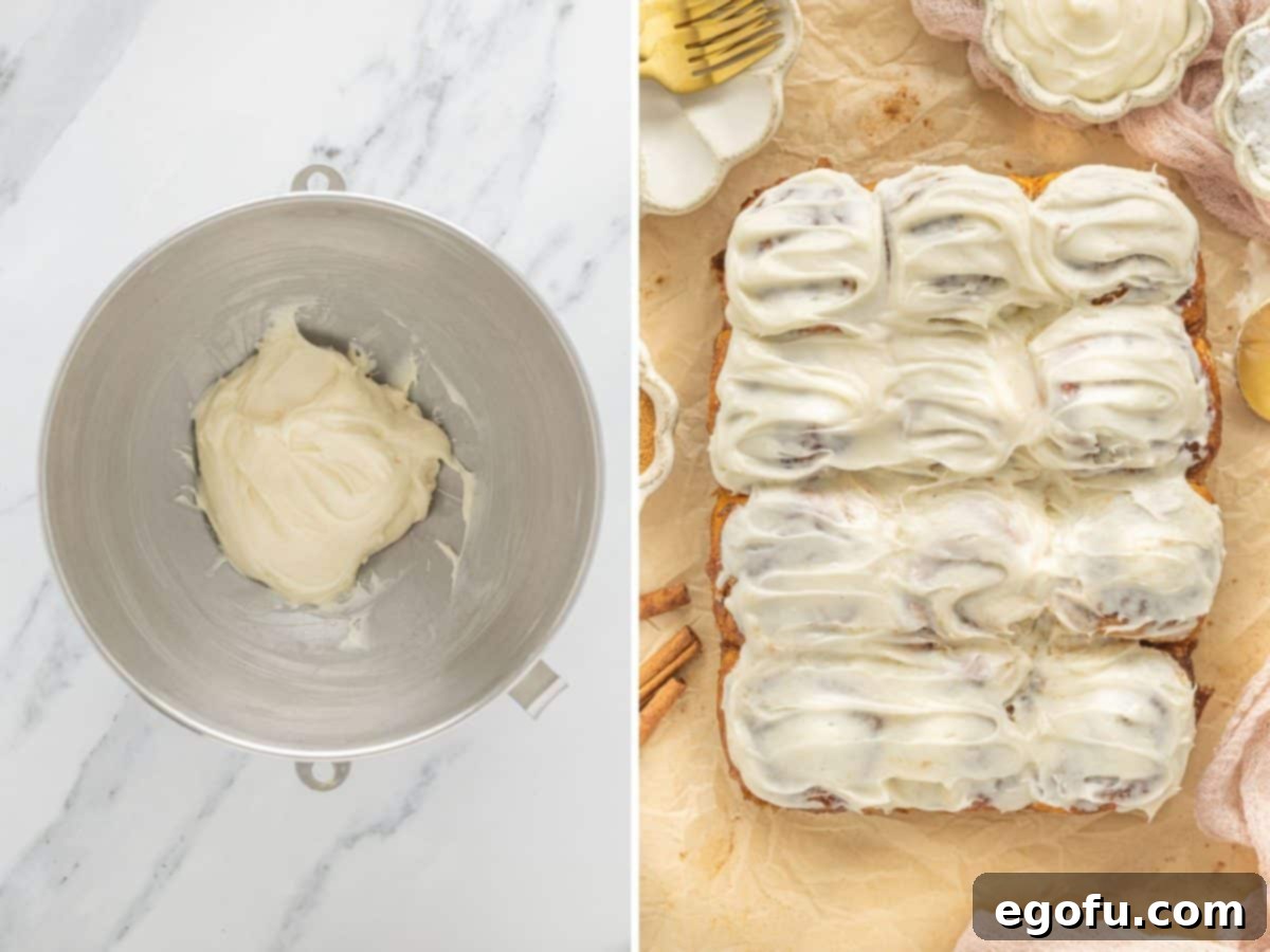 Irresistible King's Hawaiian Cinnamon Buns 7 Frosting in a bowl and on top of cinnamon rolls.