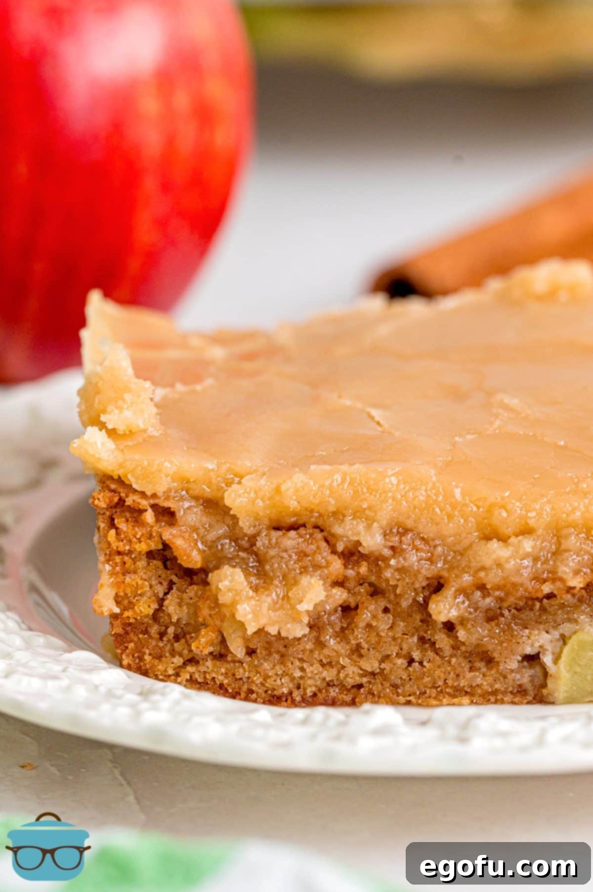 A perfectly portioned slice of Apple Dapple Cake served on a white dessert plate, ready for enjoyment.