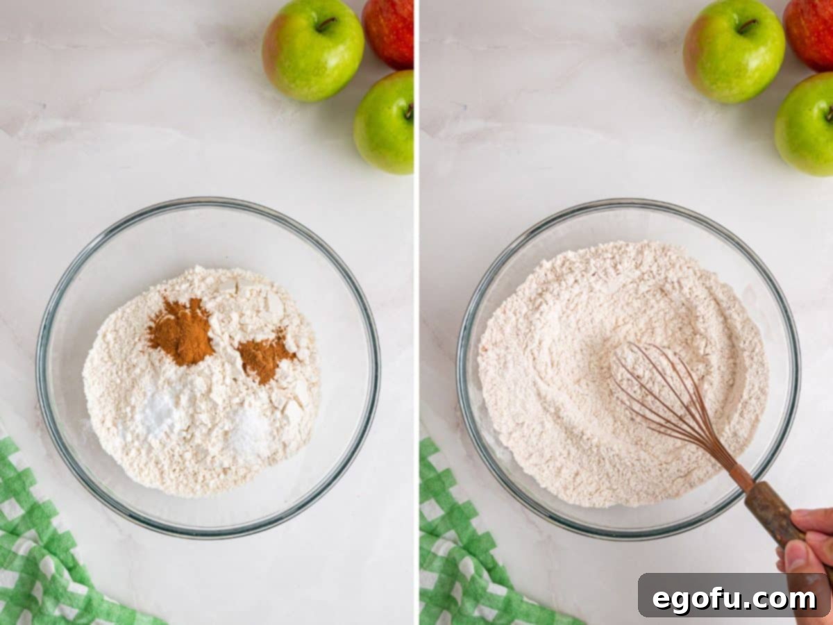 A bowl with flour, baking soda, cinnamon, nutmeg, and salt being whisked together, ensuring even distribution of spices.