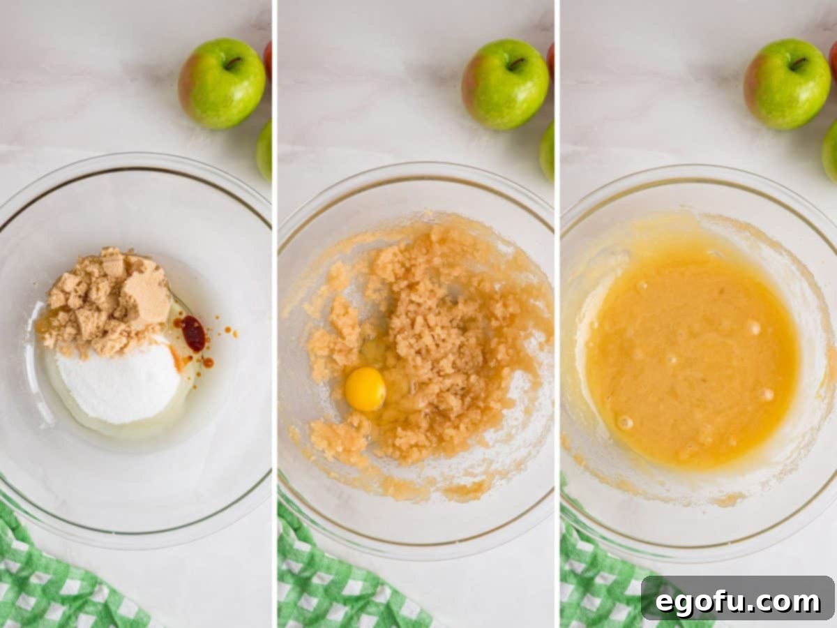 A bowl of the wet ingredients being mixed together, forming a smooth, sugary base for the cake.