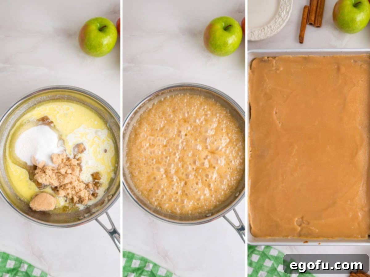 Brown sugar cream icing being mixed in a saucepan on the stove, and an Apple Dapple Cake freshly topped with the warm, glistening icing.