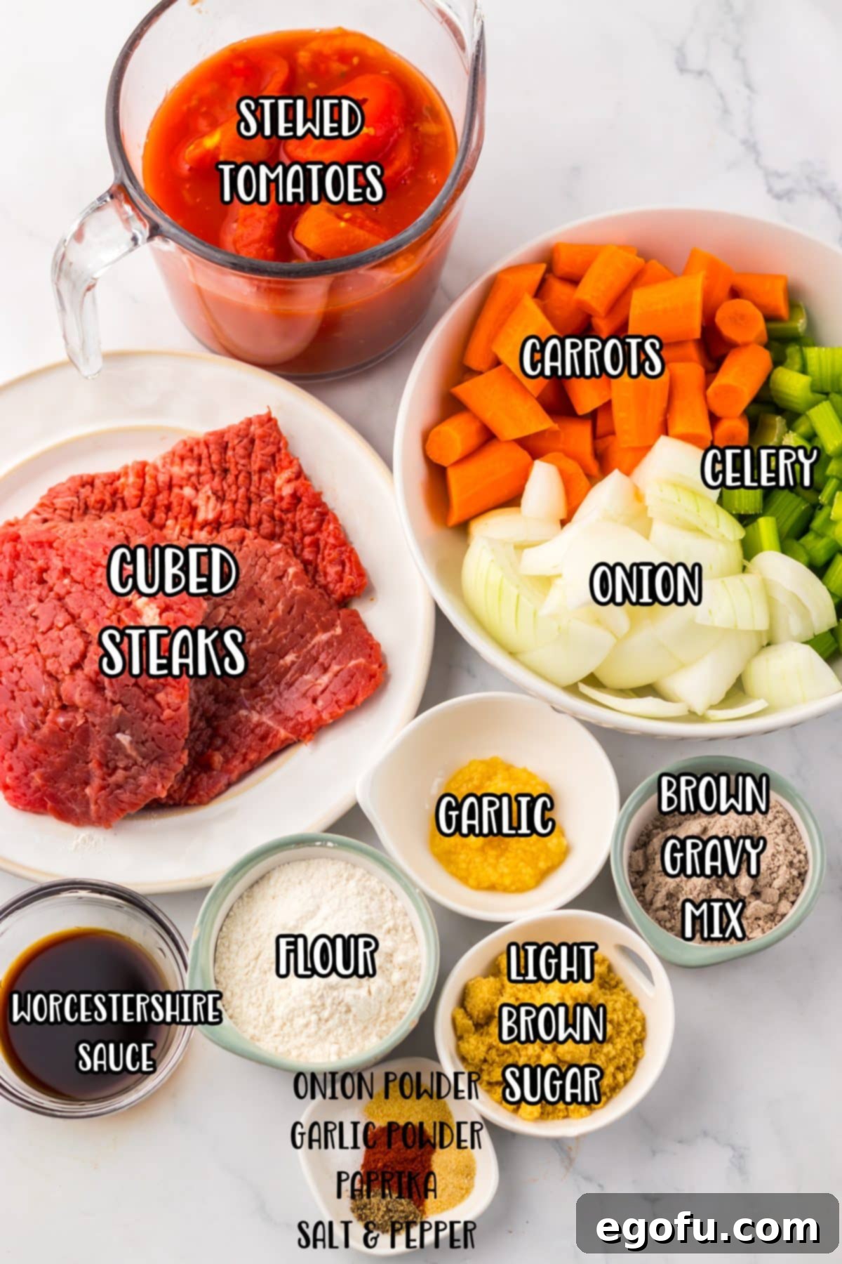 Cubed steak, stewed tomatoes, carrots, celery, onion, garlic, flour, Worcestershire sauce, flour, garlic, brown gravy mix, light brown sugar, garlic powder, onion powder, paprika, salt, pepper, and oil.