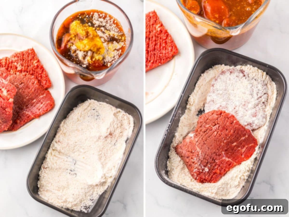 A container of flour and seasonings and steak being coated in the flour mixture.