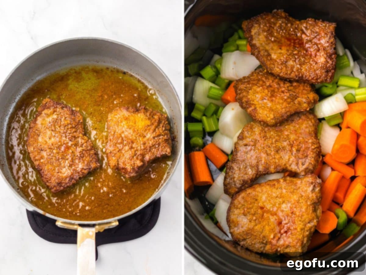 Steak being seared in a skillet and a Crockpot with veggies and seared cubed steak.