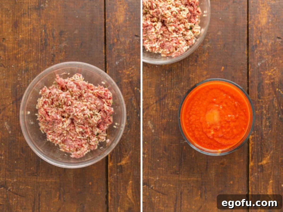 Effortless Crock Pot Cabbage Rolls 5 A bowl of the savory meat and rice filling, and a separate bowl of the rich tomato sauce mixture.