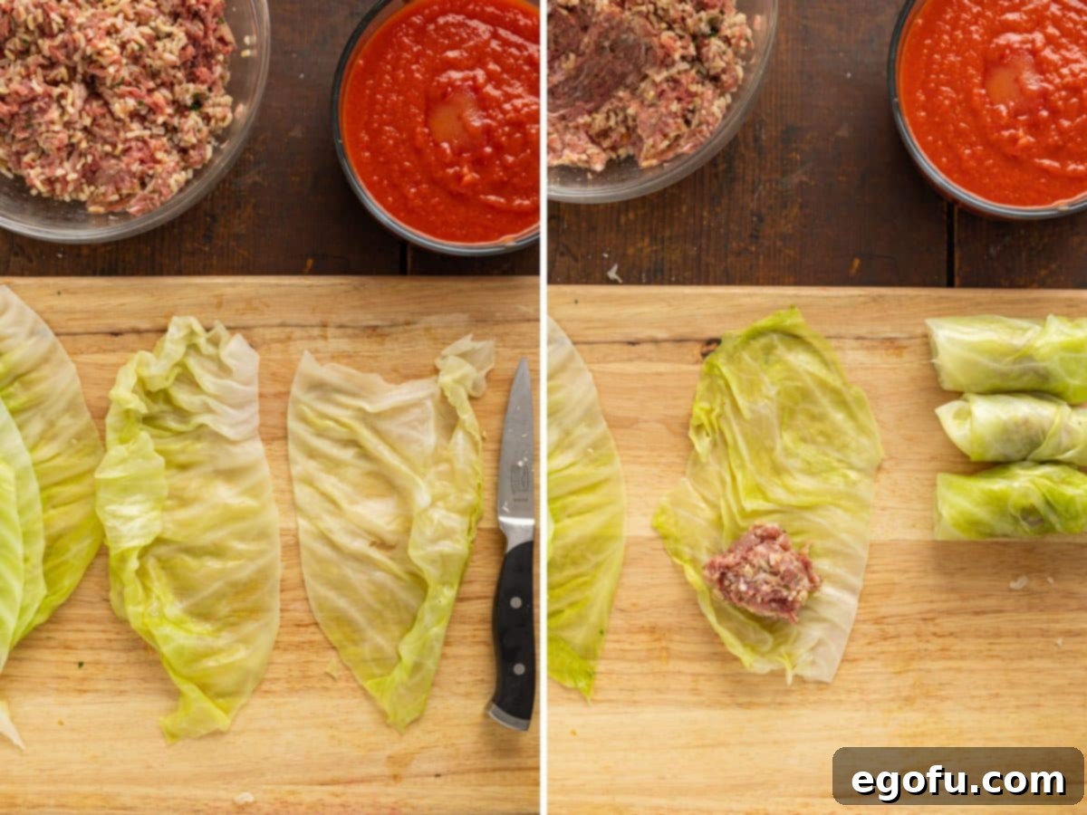 Effortless Crock Pot Cabbage Rolls 6 A collage showing the process of placing meat filling onto cabbage leaves and rolling them up.