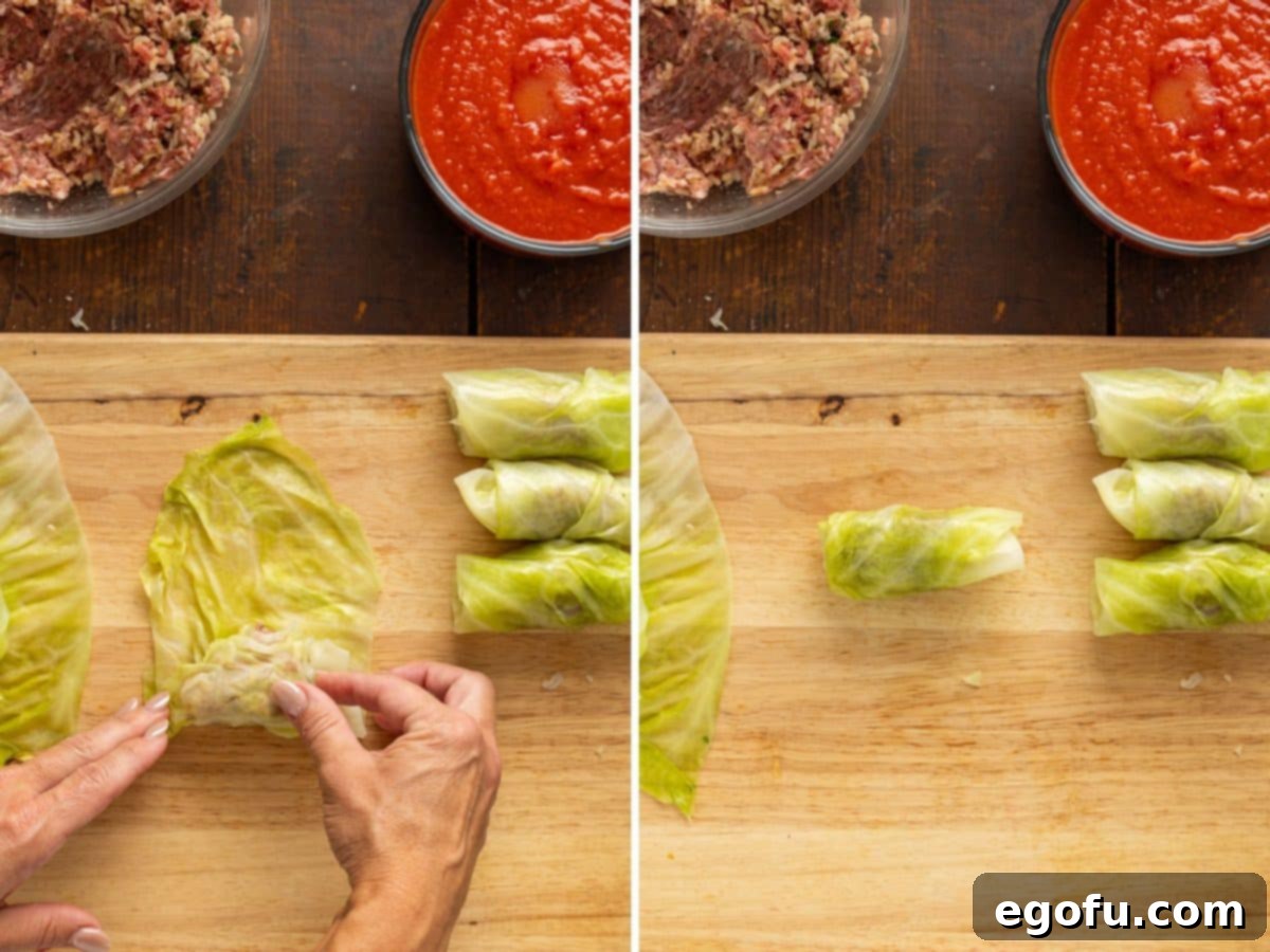 Effortless Crock Pot Cabbage Rolls 7 Multiple cabbage rolls being neatly rolled up with the meat and rice mixture.