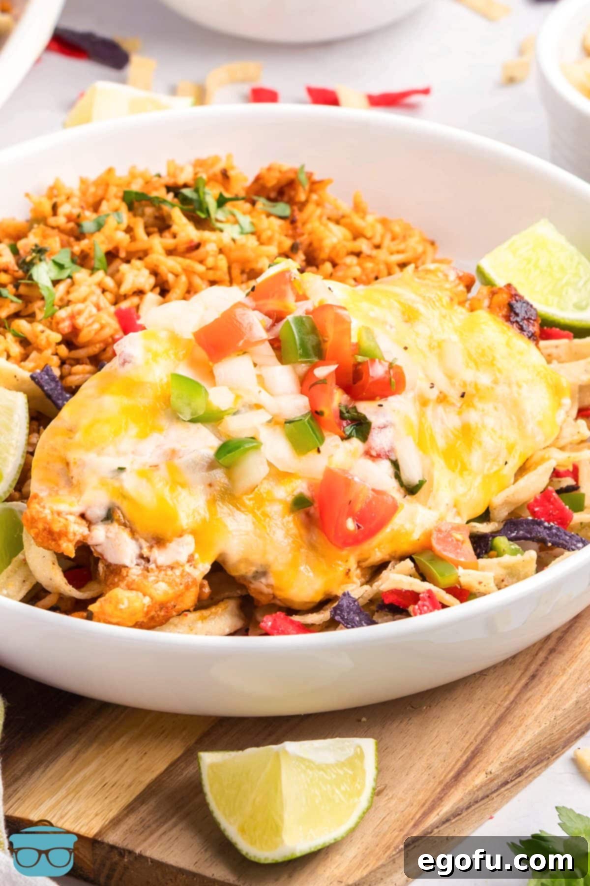 Zesty Fiesta Lime Chicken 14 A big white serving bowl of Applesbees Fiesta Lime Chicken.