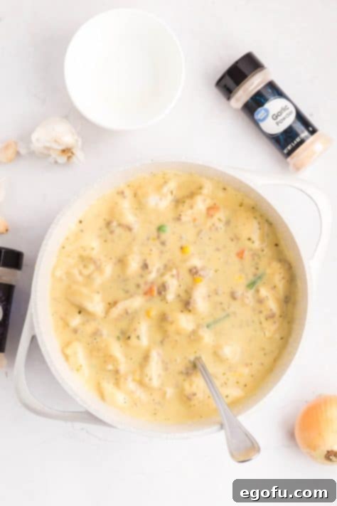 Ground beef and dumplings in a stew sauce in a pot.