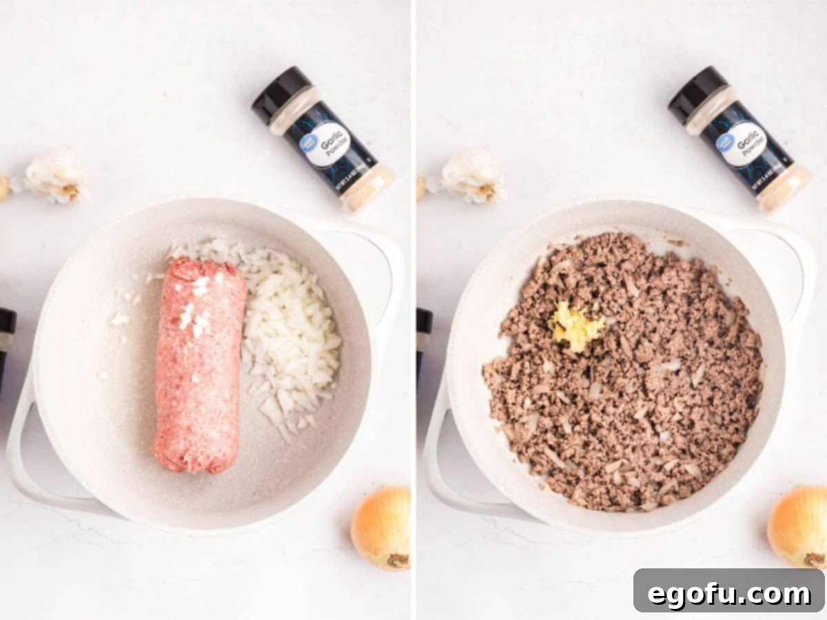 Ground beef and onion cooking and garlic being added.