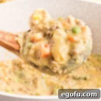 Close up looking at a serving utensil holding a scoop of Ground Beef and Dumplings.