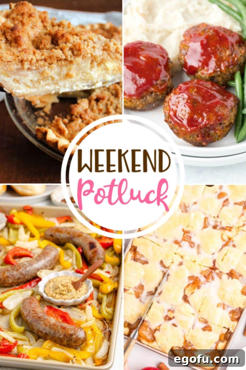 Weekend Potluck featured recipes include Streusel Topped Apple Custard Pie, Easy Mini Meatloaf Muffins, Sheet Pan Brats and Peppers, and Apple Pie Bars - a perfect collection of comfort food and dessert ideas.