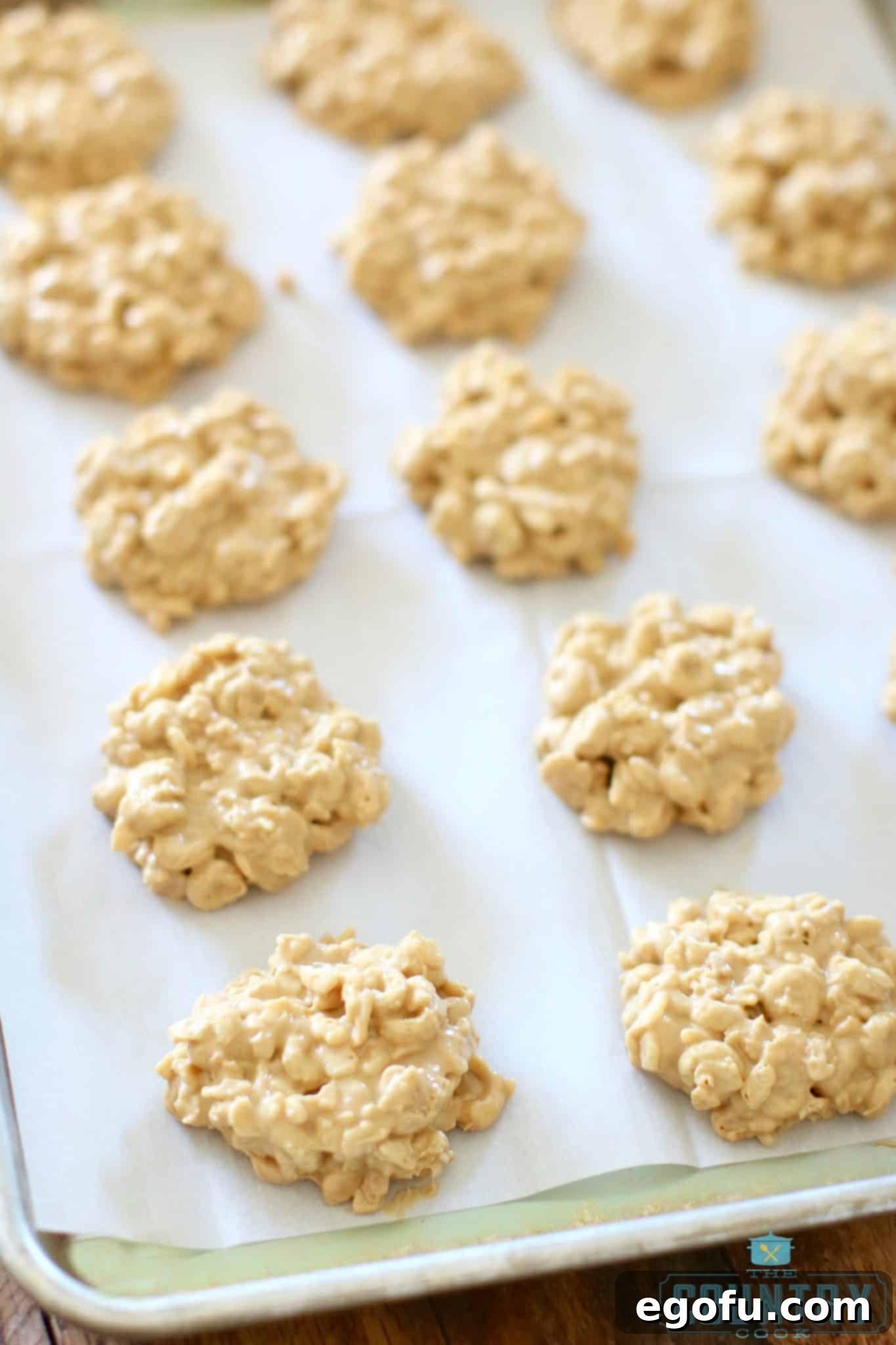 Avalanche cookies arranged neatly on parchment paper on a baking sheet, showcasing their beautiful golden color and ready-to-chill state.