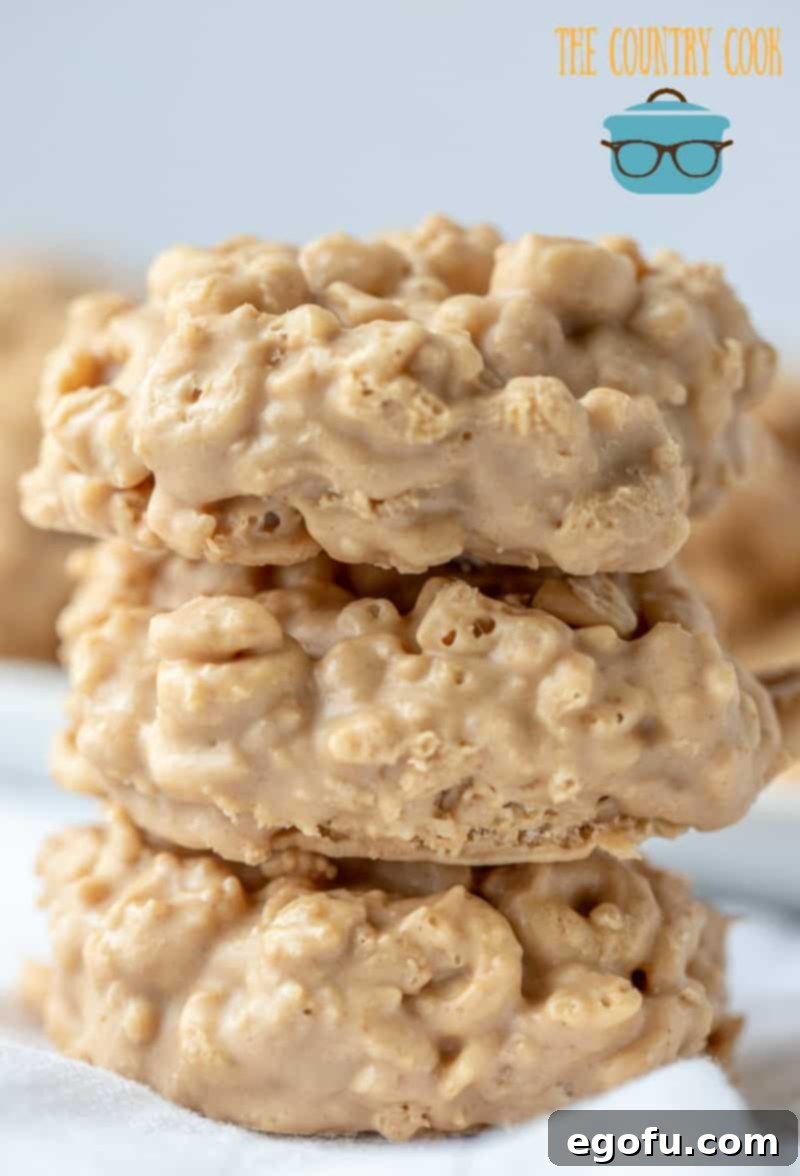 Close-up photo of three stacked No Bake Cookies with Rice Krispies and Honey Nut Cheerios, highlighting the texture and rich components.