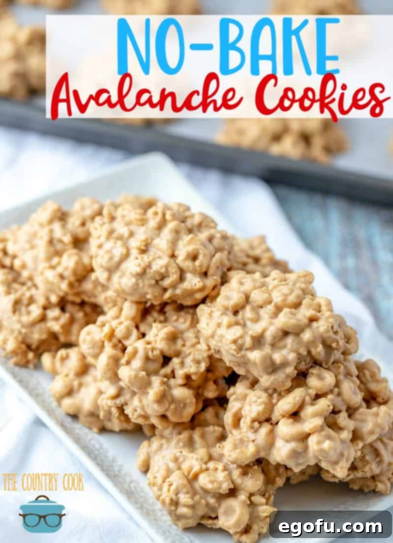 No Bake Avalanche Cookies recipe from The Country Cook shown on a long white platter, beautifully stacked to highlight their chunky texture.