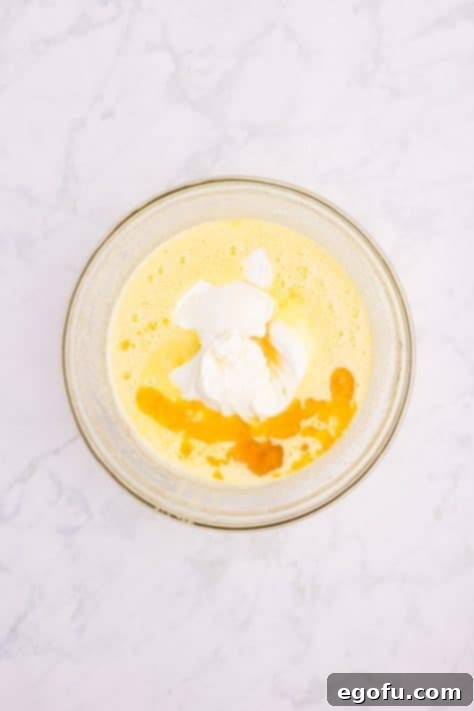 Yogurt and vanilla extract being added to the mixture.