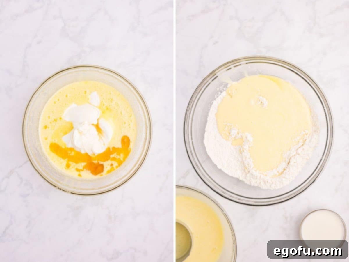 The process of adding yogurt and vanilla to the wet ingredients, followed by the careful alternating addition of dry ingredients and milk to the batter, mixing until just combined.