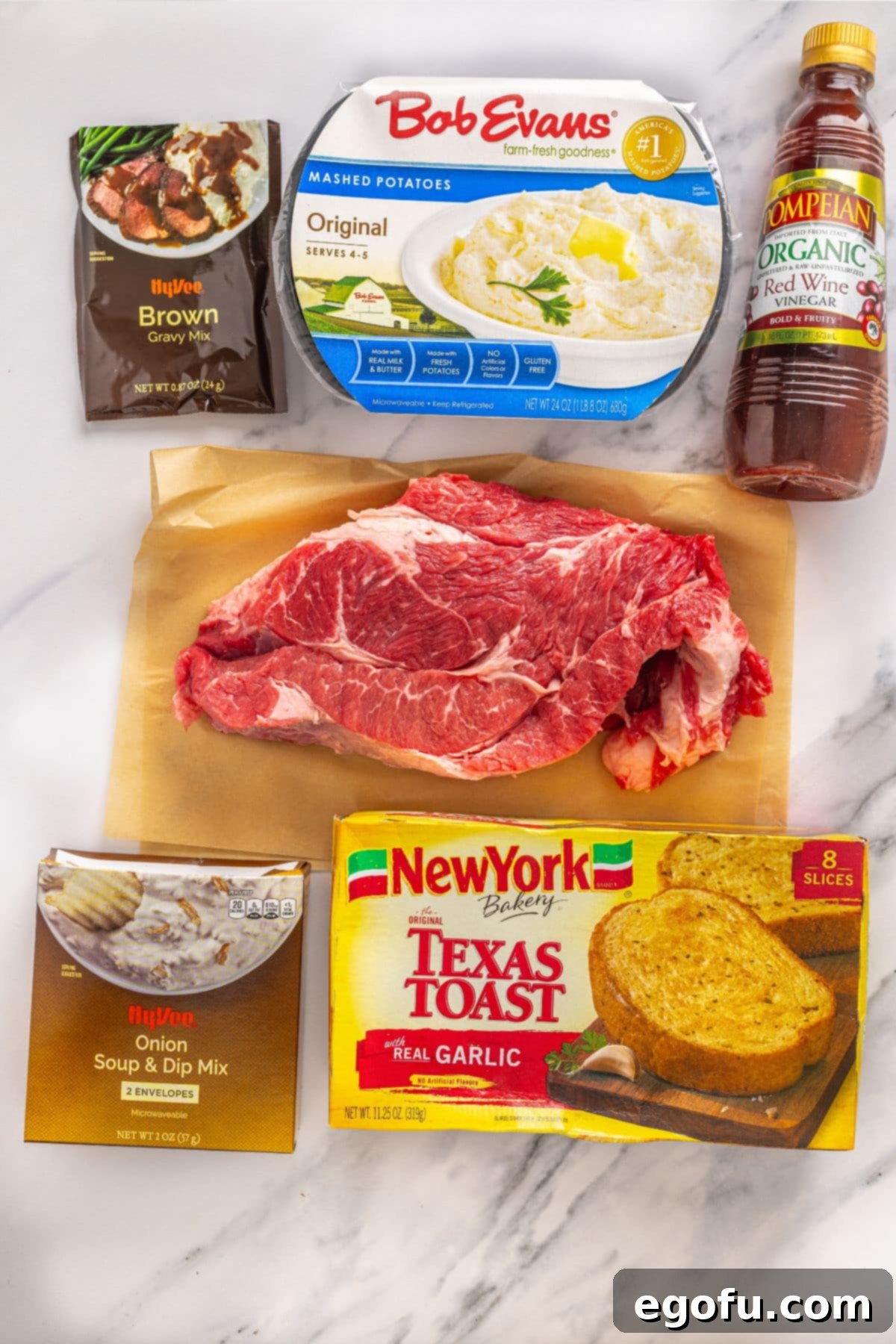 Pot roast, Bob Evans mashed potatoes, Texas Toast, onion soup mix, brown gravy mix, vegetable oil, and red wine vinegar.