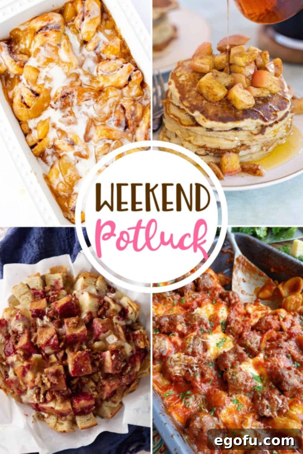 Delicious Apple Pie Cinnamon Rolls 2 Weekend Potluck featured recipes include: Cozy Apple Pie Filled Cinnamon Rolls, Baked Brie with Jam Pull Apart Bread, Fluffy Apple Pancakes, and No-Boil, No-Brown Italian Sausage Pasta Bake. A delicious spread for any meal.