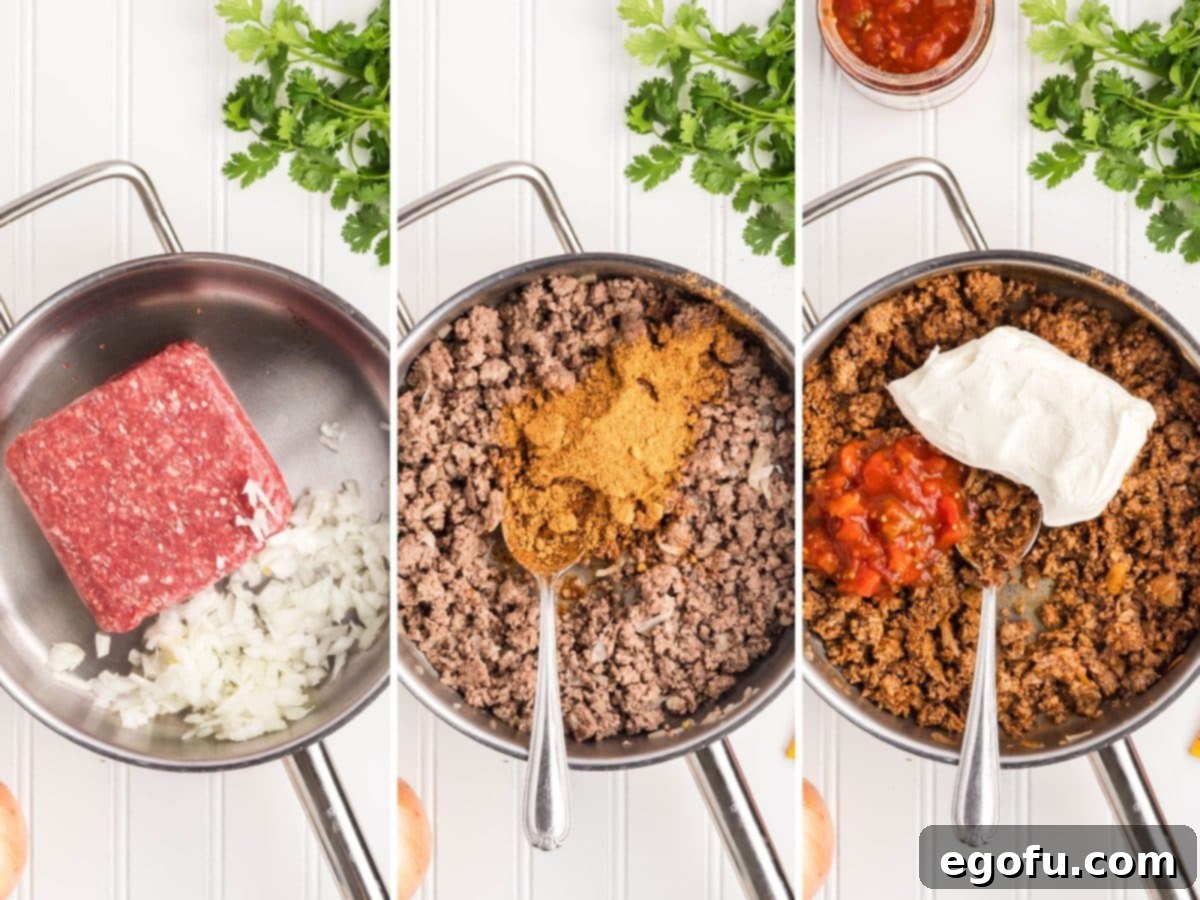 Slow Cooker Fiesta Lasagna 5 A collage of images showing a skillet with ground beef and onions, then taco seasoning and water being added and finally softened cream cheese and salsa being added.