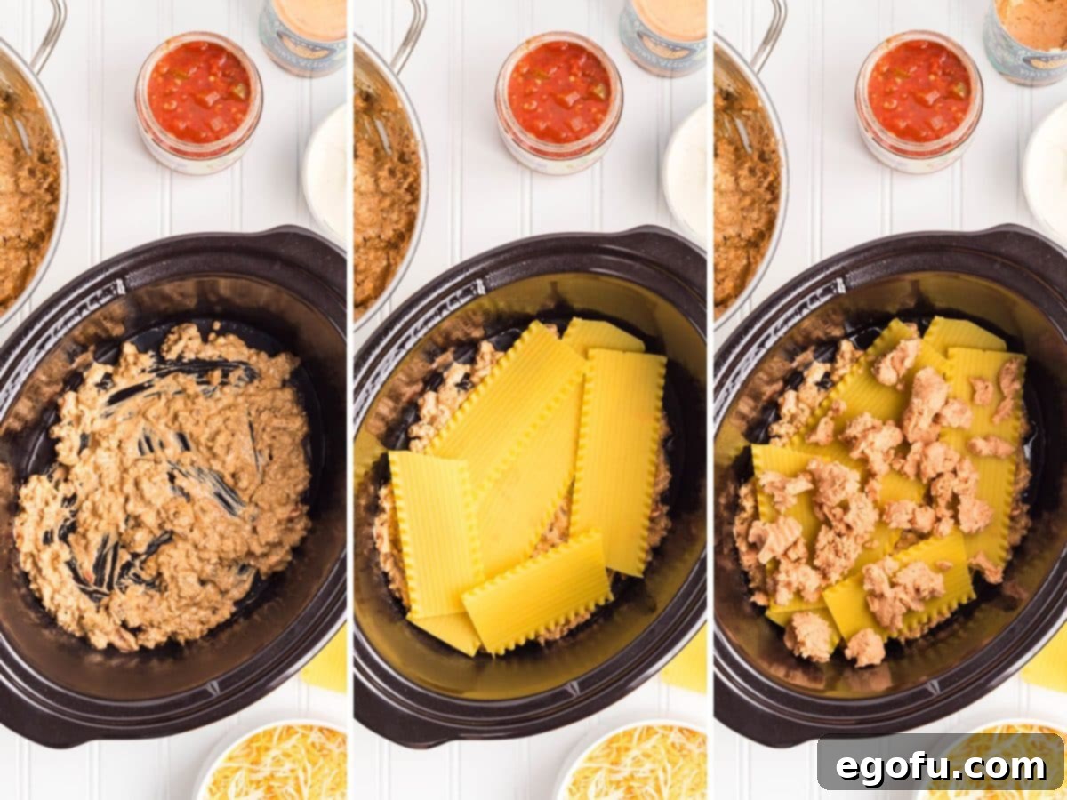 Slow Cooker Fiesta Lasagna 6 A collage of images showing layers of refried beans and lasagna noodles being added to a Slow Cooker.