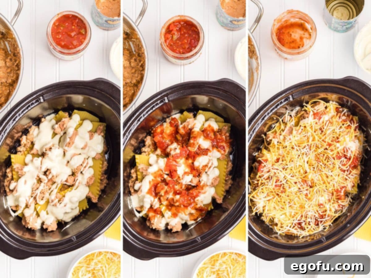 Slow Cooker Fiesta Lasagna 7 A collage of the last few layers of Mexican Lasagna being added -- queso, salsa, and shredded cheese.