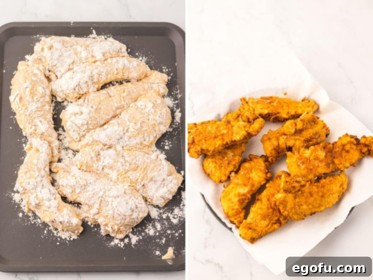 A two-part image showing raw, breaded chicken fingers ready for frying on a pan, and a second shot of freshly fried, golden-brown chicken tenders resting on paper towels to absorb excess oil.