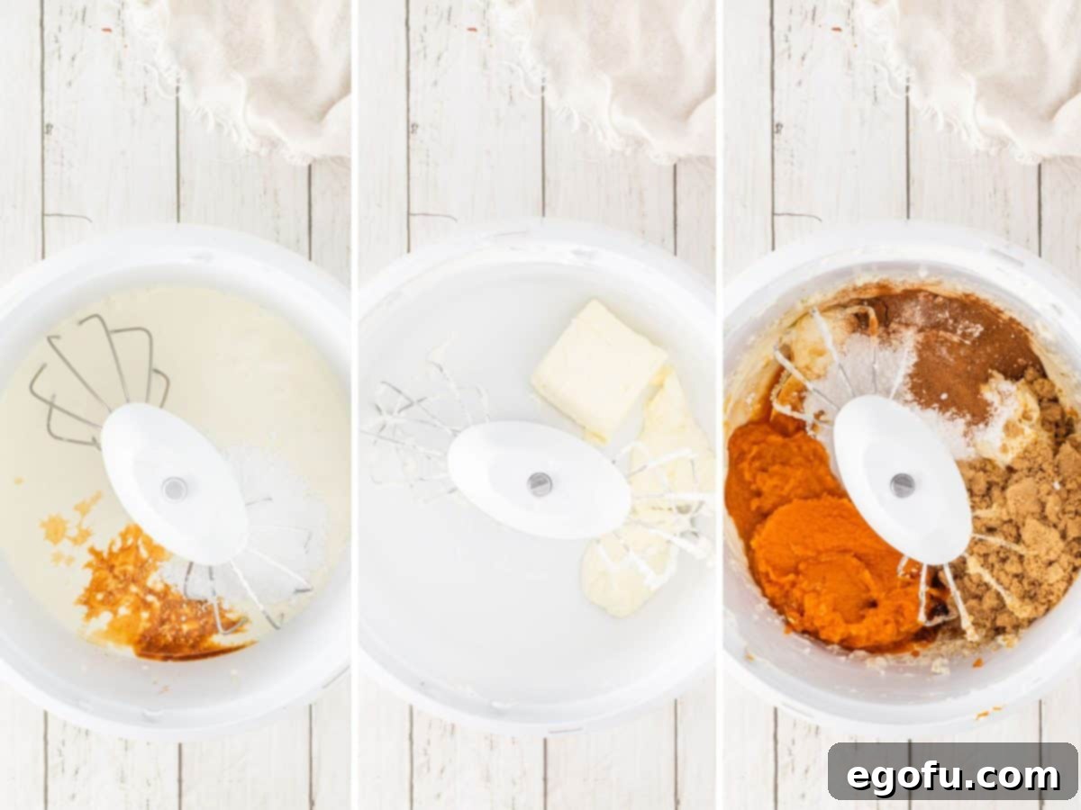 The vibrant orange pumpkin filling being mixed in a large bowl, showcasing its smooth texture.