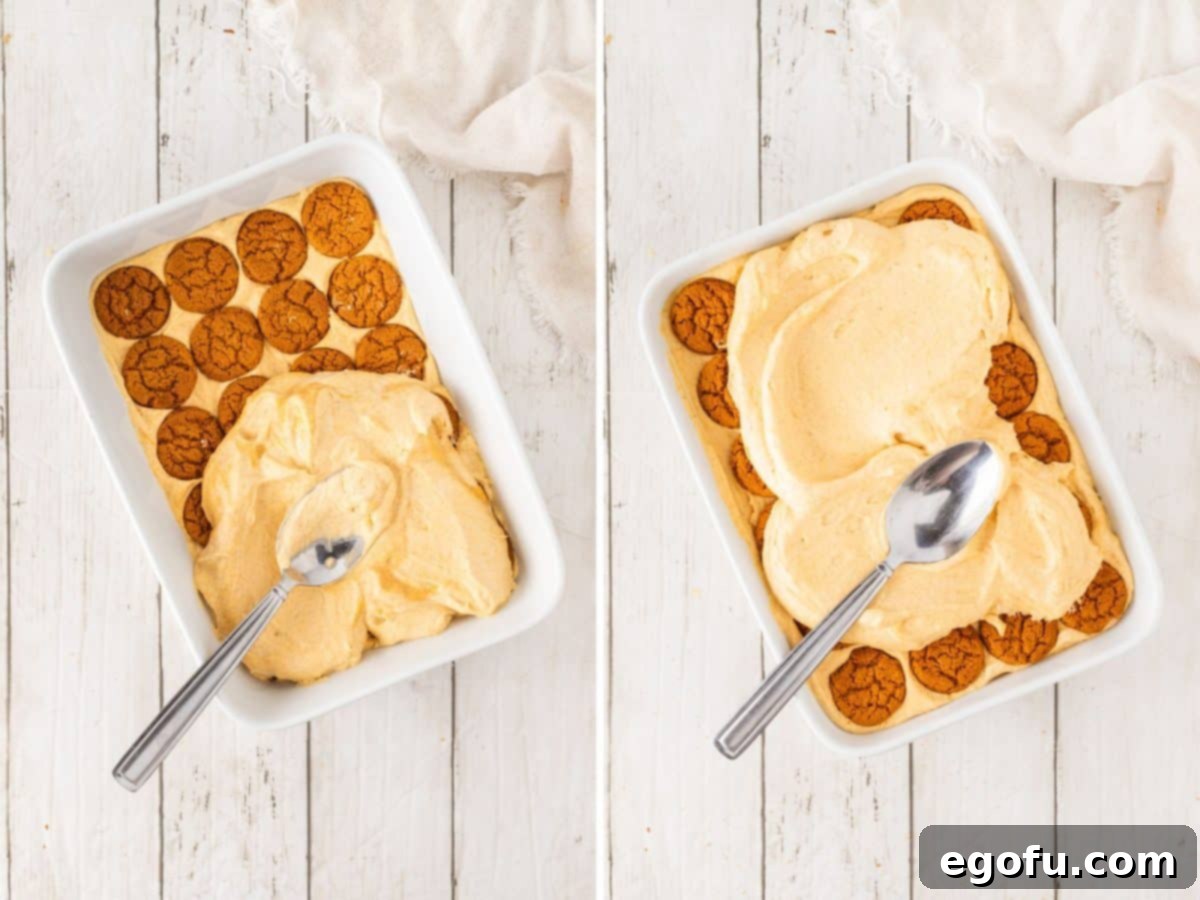 The process of layering more pumpkin filling over the cookies in a baking dish, creating multiple delicious strata.