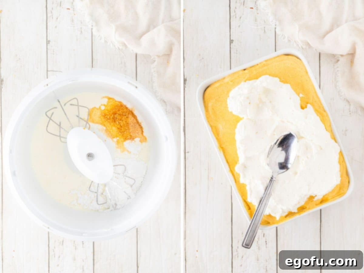 Freshly whipped cream being prepared in a mixing bowl and then spread smoothly over the top of the chilled layered pumpkin dessert.