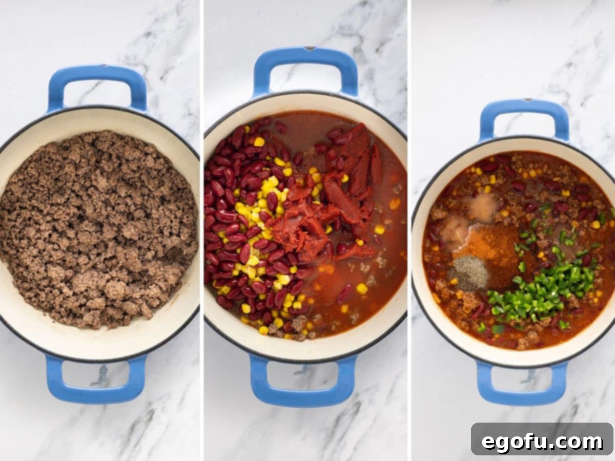 Golden Cornbread Chili Bake 5 A collage of images showing ground beef, and other chili ingredients being added to a Dutch oven.