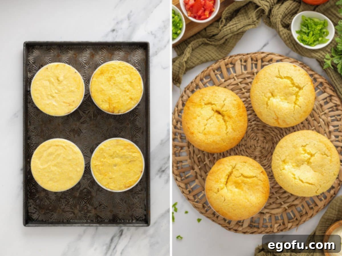 Golden Cornbread Chili Bake 6 A collage of two images showing ramekins filled with chili and unbaked cornbread and then baked Cornbread Chili Pot Pies.