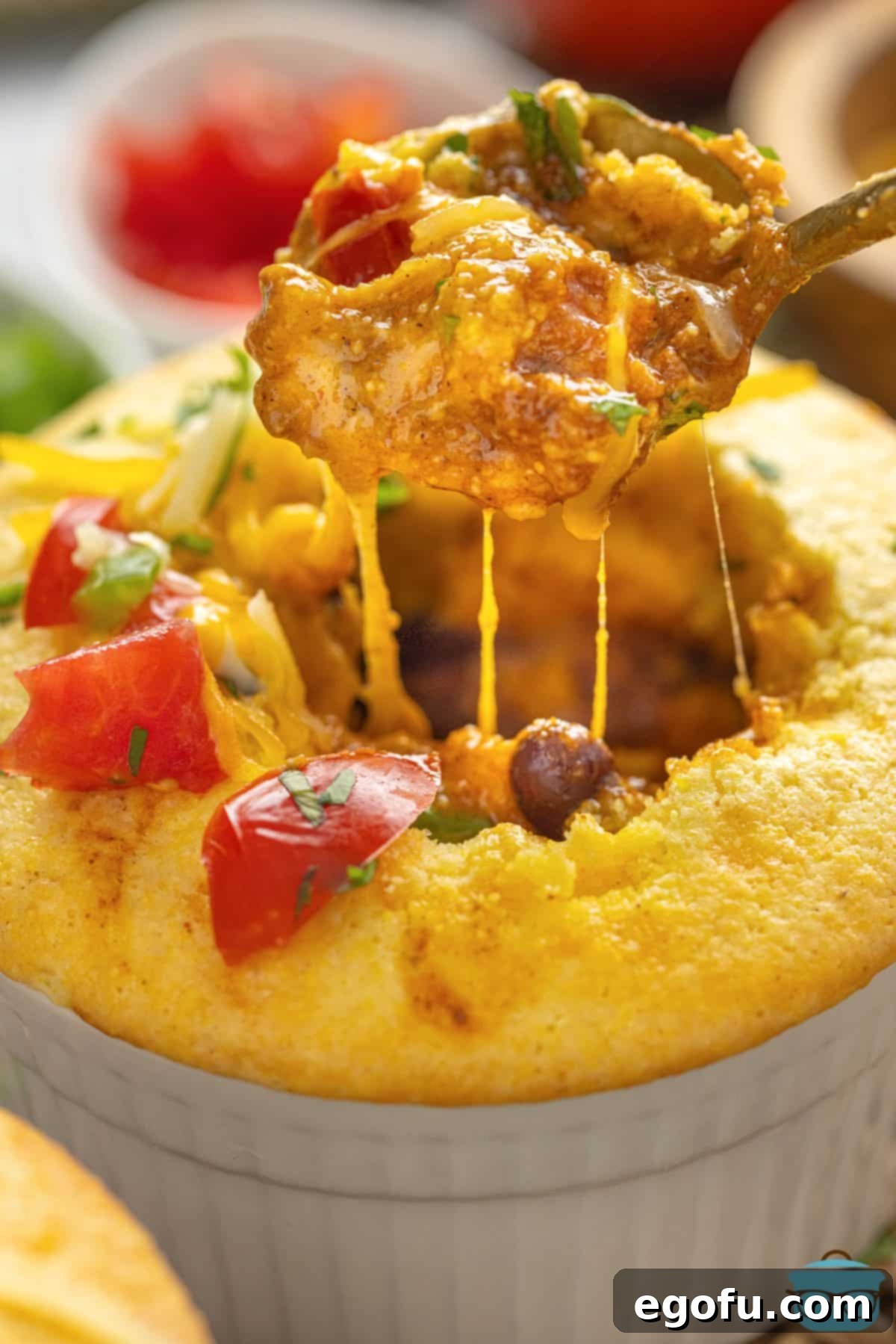 Golden Cornbread Chili Bake 7 A spoon taking a bite of Cornbread Chili Pot Pie.