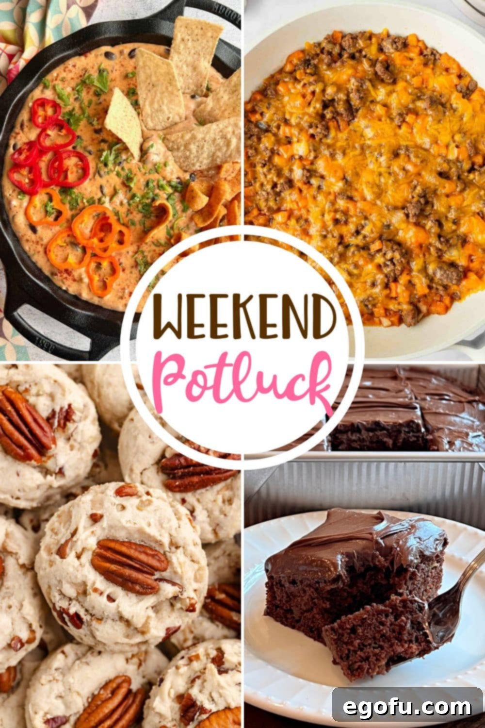 A vibrant collage of featured Weekend Potluck recipes: creamy Cowboy Queso, delectable Butter Pecan Cookies, savory Ground Beef and Sweet Potatoes, and a rich Chocolate Zucchini Crazy Cake.