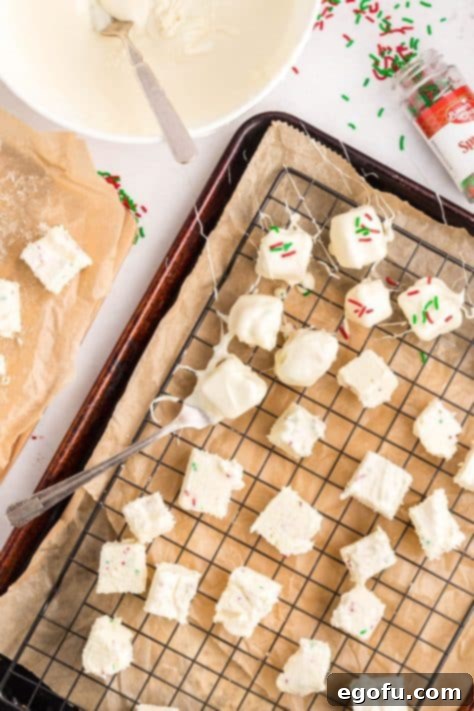 Creamy Cloud Bites 17 Pieces of treat being coated in a luscious chocolate coating, ensuring every side is covered.