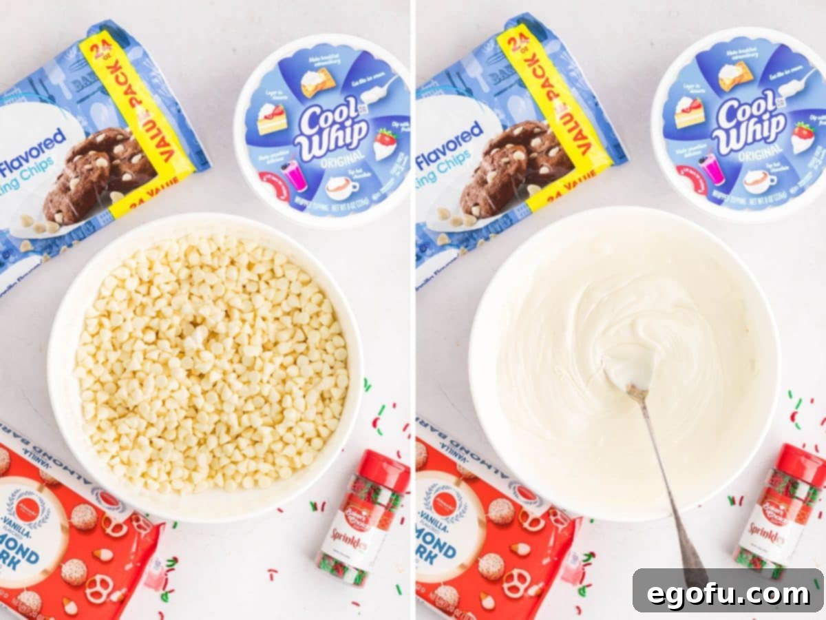 Creamy Cloud Bites 5 White chocolate chips being carefully melted in a bowl, with a spoon stirring to ensure a smooth, even consistency.