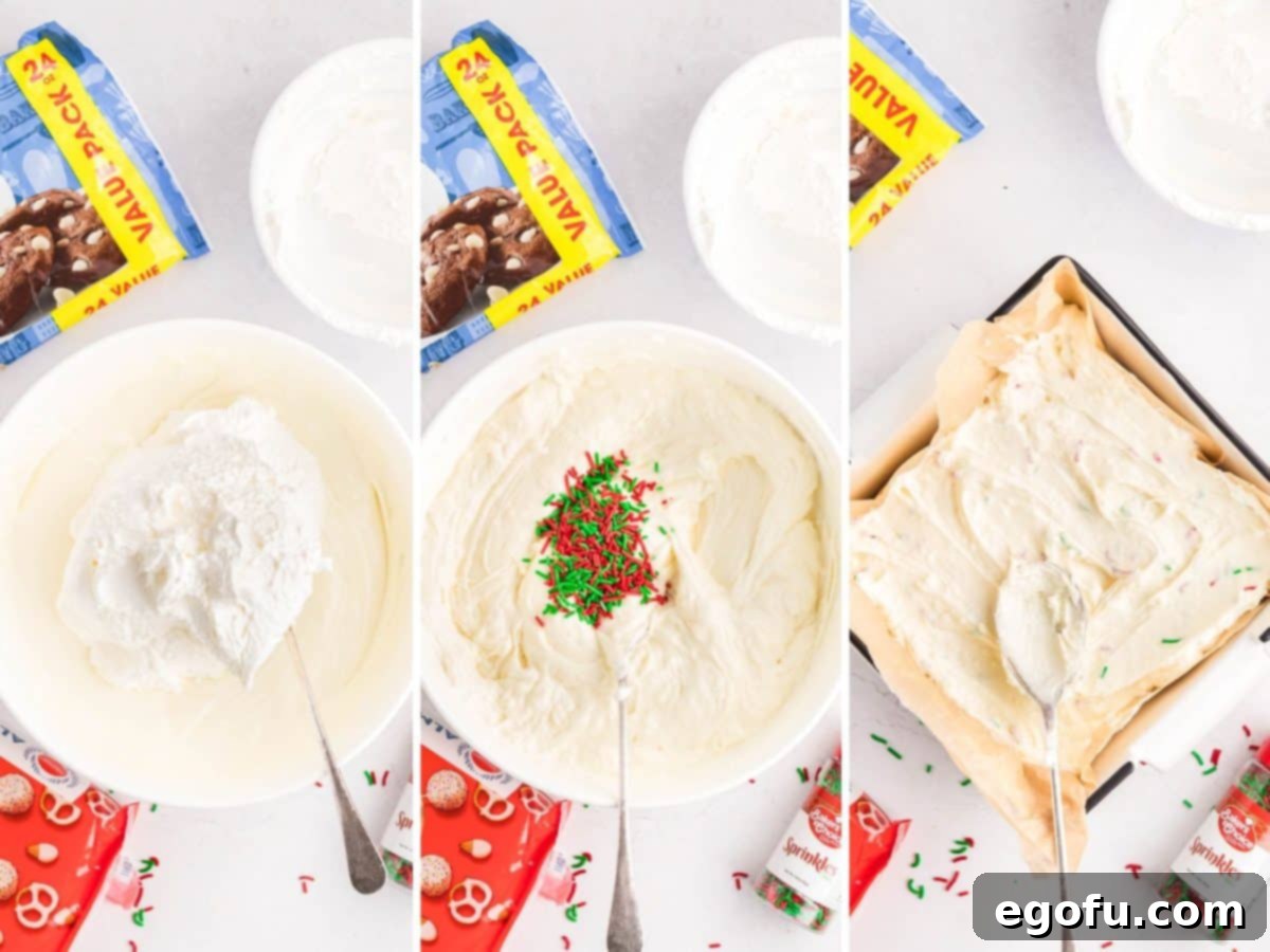 Creamy Cloud Bites 6 A sequence of images showing whipped topping being added to melted white chocolate, followed by sprinkles, and finally the mixture being transferred to a lined baking pan for chilling.