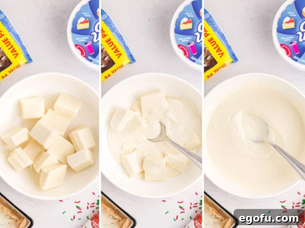 Creamy Cloud Bites 7 Vanilla almond bark being added to a bowl, then melted and stirred with a spoon to achieve a smooth, dippable consistency.