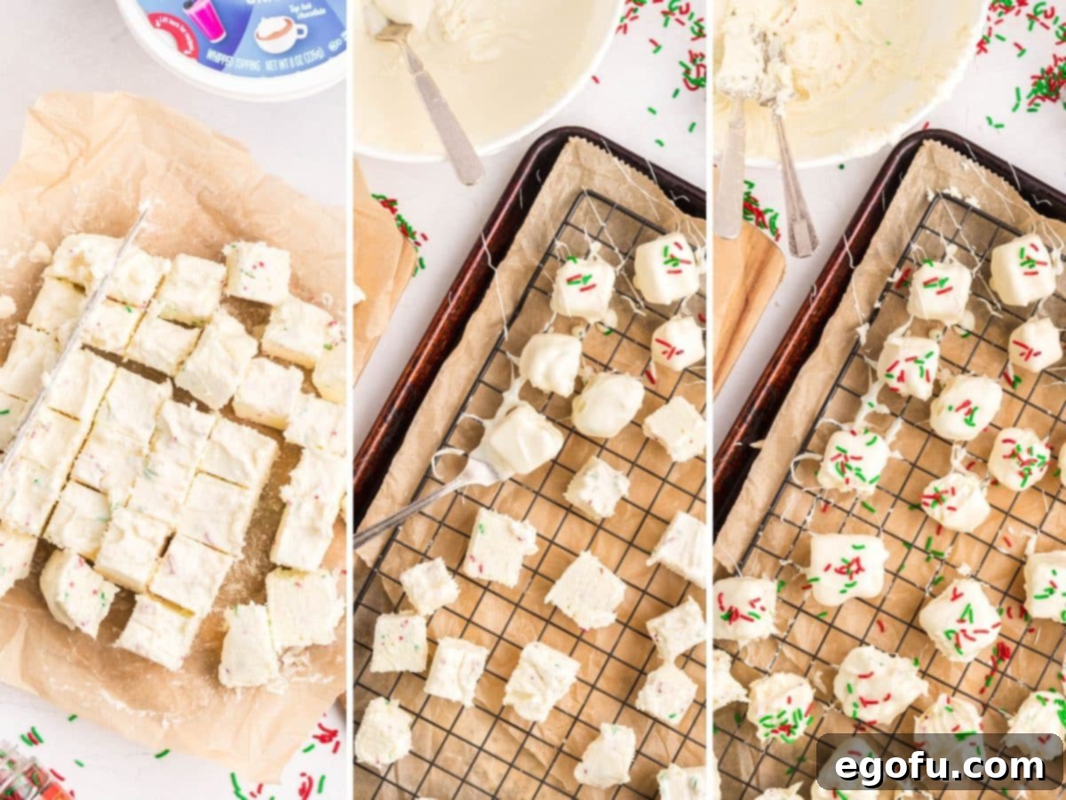 Creamy Cloud Bites 8 The process of cutting the firm candy into individual pieces, followed by dipping them into melted chocolate and garnishing with sprinkles.