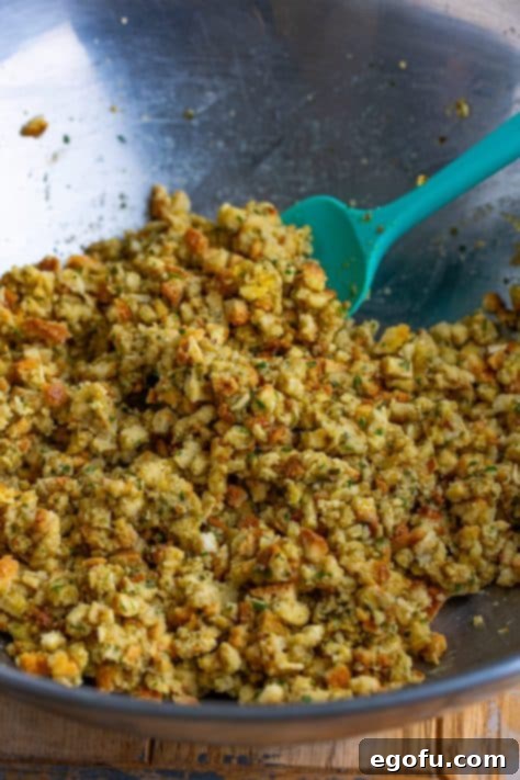Stuffing mixture in a pan.