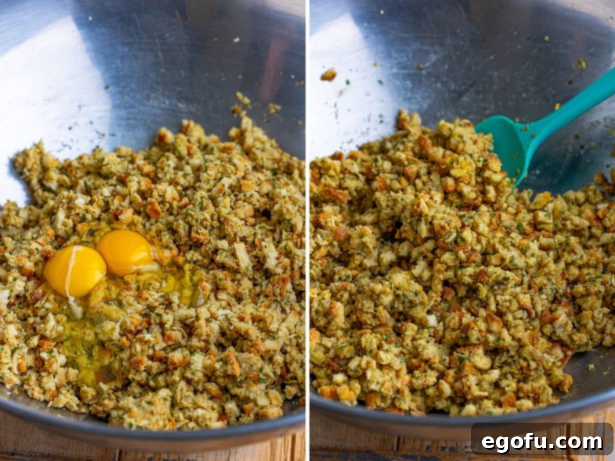 Eggs and stuffing being mixed together.