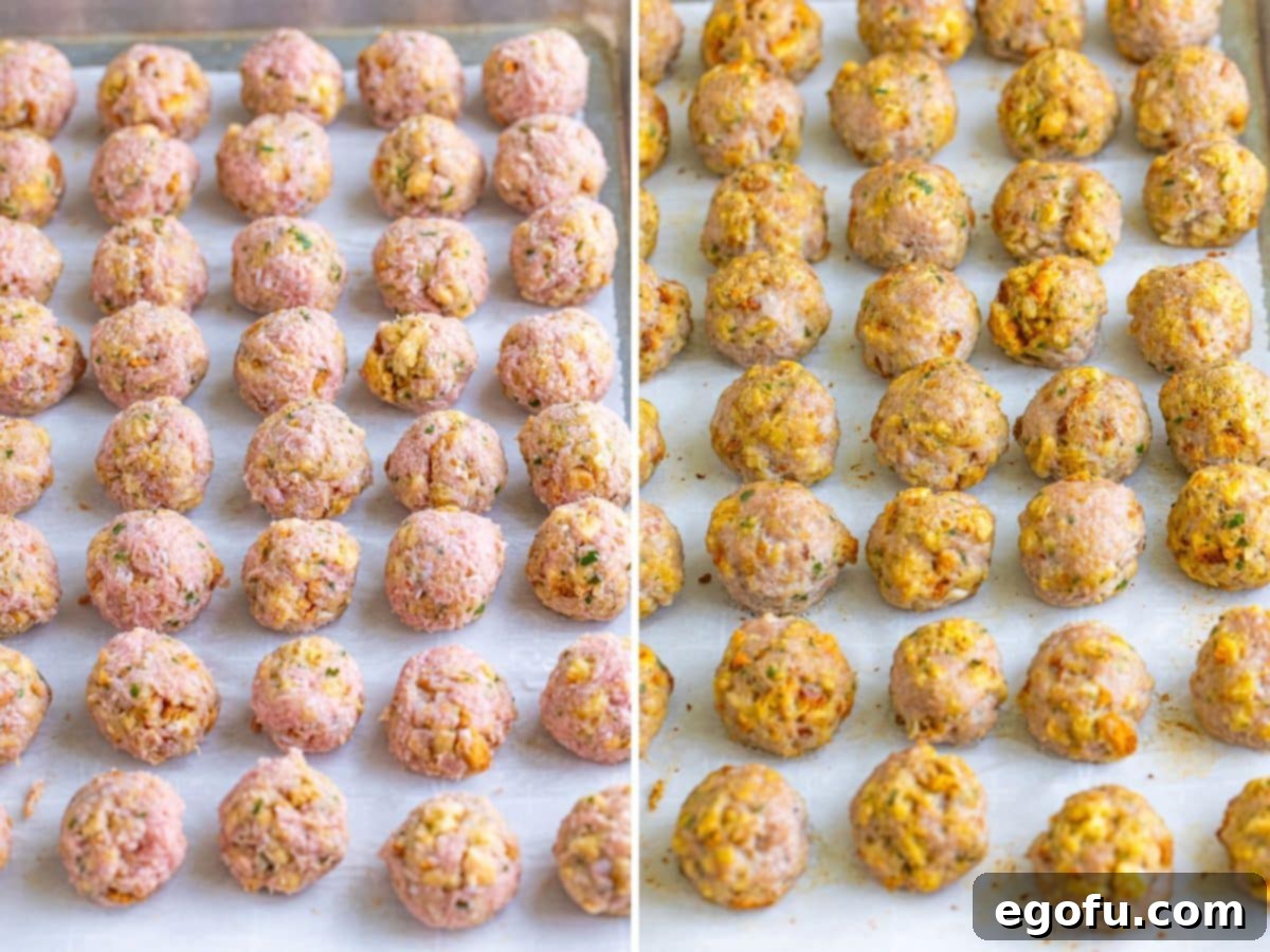Turkey meatballs being rolled and then baked.