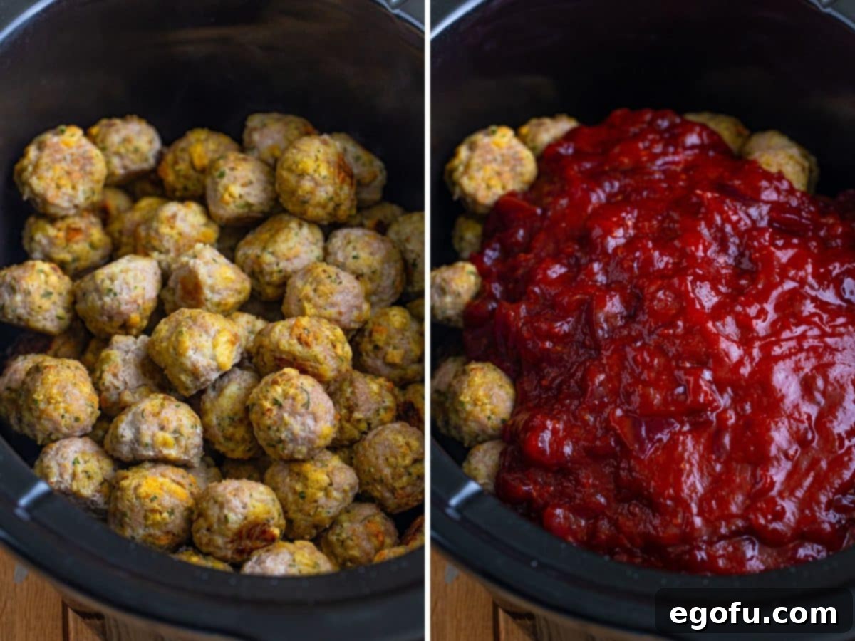 Cooked meatballs added in a Crock Pot and cranberry sauce mixture on top of them.
