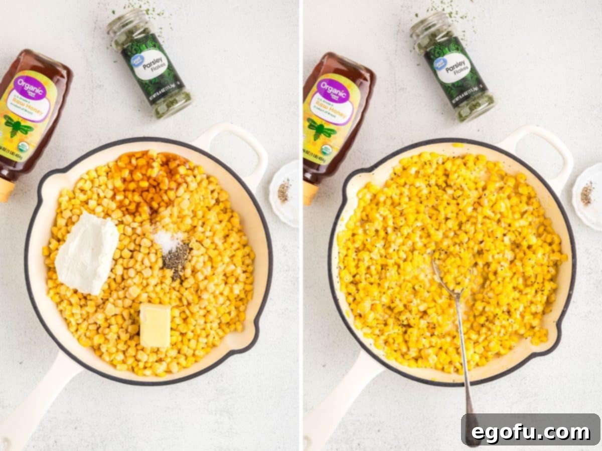 A skillet with all the ingredients for Honey Butter Skillet Corn being mixed together.