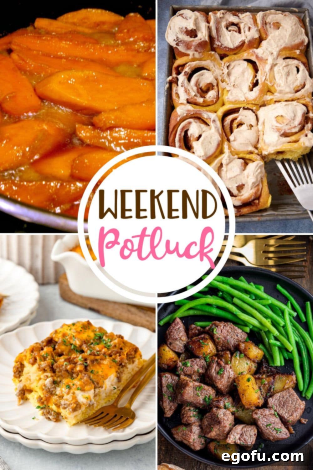 A collage of featured potluck recipes: Southern Candied Sweet Potatoes, Pumpkin Cinnamon Rolls, Biscuit Breakfast Casserole, and Garlic Butter Steak Bites with Potatoes, showcasing comforting homemade dishes.