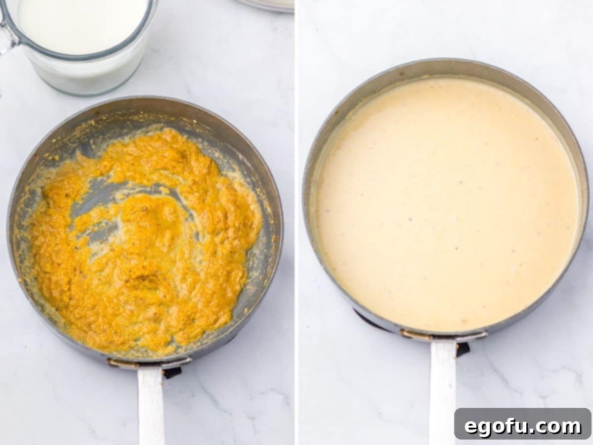 A collage of two images showing a roux being made in a skillet, illustrating the progression of butter and flour combining.