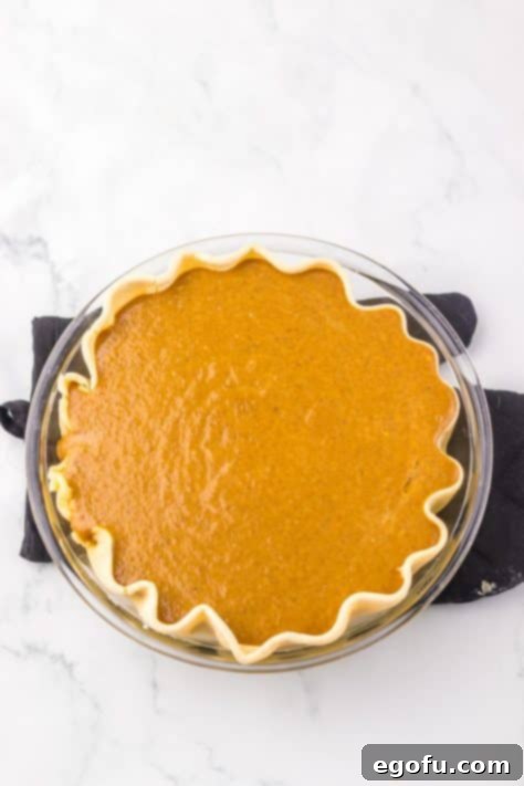 The smooth apple butter filling poured into the parbaked pie crust, ready for the oven.