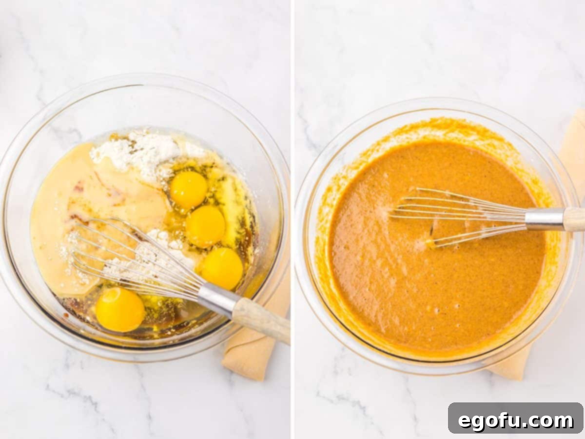 A bowl contains a mixture of apple butter, eggs, sweetened condensed milk, vanilla, and flour being smoothly whisked together to create the pie filling.