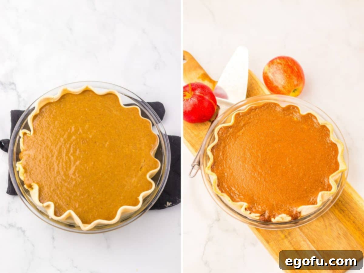 A collage displaying the transformation of the Apple Butter Pie, showing an unbaked pie with its smooth filling in a crust next to a beautifully baked, golden-brown pie, showcasing the rich texture and appealing finish.